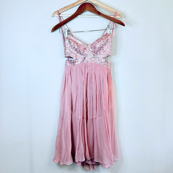 BCBGMaxAzria Sequins Top Silk Light Raspberry Cocktail Mini Dress Sz S NWOT - Picture 1 of 10